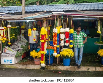 Kuala Lumpur, Malaysia - Summer 2020: Indian Flower Shop At Batu Caves Temple And Hindu Shrine