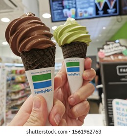 Kuala Lumpur, Malaysia--5 March 2019: Enjoyed Soft Serve Matcha And Chocolate Ice-cream And
Hoikaido Ice-cream In Family Mart
Convenience Store. 