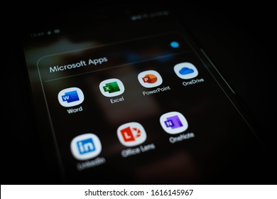 Kuala Lumpur, Malaysia-January 15 2020: Picture Of Microsoft Office 365 For Android (MS Word, Excel, PowerPoint, OneDrive, Lens, OneNote) And LinkedIn