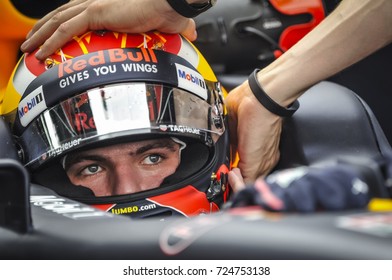 KUALA LUMPUR, SEPTEMBER 29, 2017 : Red Bull's Dutch driver Max Verstappen prepares to drive out of the pit during the second practice session of the Formula One Malaysia Grand Prix in Sepang.