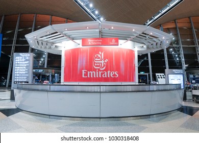 Kuala Lumpur,Malaysia - FEBRUARY 14TH 2018 : Emirates Flight Customer Service Counter Located Within The KLIA Building To Facilitate All Matters Regarding Emirates Flights.