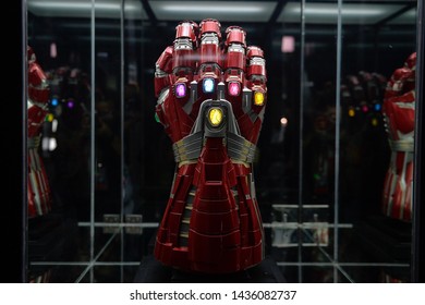 KUALA LUMPUR,MALAYSIA - JUNE 28, 2019: Iron Man Infinity Stone Gauntlet are seen on display during Marvel Studios: Ten Years of Heroes Exhibition at Pavilion Kuala Lumpur.