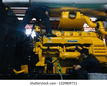 Kuala Lumpur,Malaysia NOVEMBER 13 2018 : Diesel Generator Building With Technician Service Maintenance