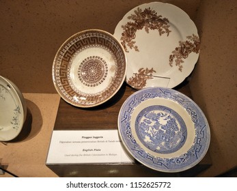 Kuala Selangor Historical Museum, Selangor Malaysia-August 2018: Types Of English Plate Used During British Colonization In Malaya Display In Museum.