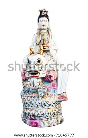 Kuan yin Riding the Dragon isolated on white background,clipping path.
