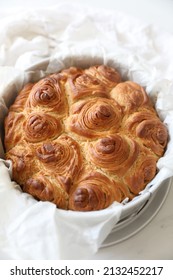 Kubaneh Bread - A Traditional Yemenite Jewish Brioche Bread -baked Overnight For Saturday Breakfast Or Brunch. Copy Space White Background