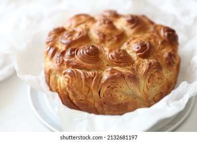 Kubaneh Bread - A Traditional Yemenite Jewish Brioche Bread -baked Overnight For Saturday Breakfast Or Brunch. Copy Space White Background