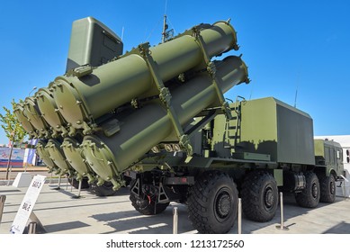 KUBINKA, RUSSIA, AUG.24, 2018: Anti Battle Ship Missile System BAL-E With Missile X-35. Tactical Weapons Systems On Truck Chassis On Exhibition Army 2018