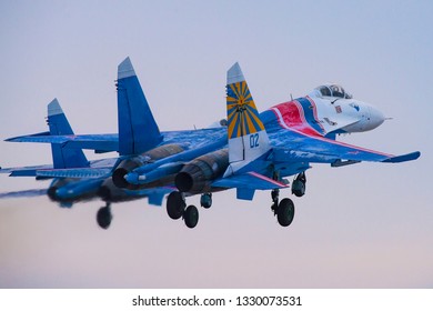 Kubinka,Moscow Region, Russia - December 07,2016: Su-27 aerobatic team Russian Knights taking off.