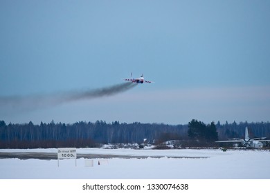 Kubinka,Moscow Region, Russia - December 07,2016: Mig-29 aerobatic team Swifts lowpass