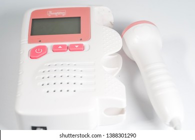 Kuching, Malaysia - May 2019. A Doppler fetal monitor is a hand-held ultrasound transducer used to detect the fetal heartbeat for prenatal care. It uses the Doppler effect to provide an audible sound