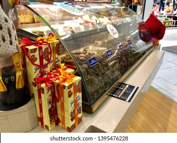 Kuching, Malaysia - May 2019. Variety Of Famous Amos Cookies. Famous Amos Is A Brand Of Cookies Founded In Los Angeles In 1975 By Wally Amos.