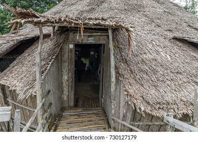 Kuching, Malaysia - October 2, 2017 : Sarawak Cultural Village Or Kampung Budaya In Kuching. View Of Entrance To The Baruk Or Head House Of The Bidayuh Tribe. 