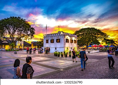 Kuching, Sarawak, Malaysia - February 8th, 2019: Kuching Waterfront Townscape Along Sarawak River And Iconic Landmark Buildings At Sunset Time, Kuching City, East Malaysia