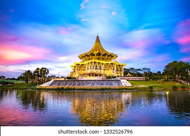 Kuching, Sarawak, Malaysia - February 8th, 2019: Kuching Waterfront Townscape Along Sarawak River And Iconic Landmark Buildings At Sunset Time, Kuching City, East Malaysia