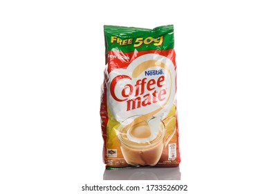 Kuching, Sarawak / Malaysia - May 10, 2020: Coffee Mate Halal Coffee Whitener Lactose-free Creamer Of Nestle Brand In A Packet On White Background