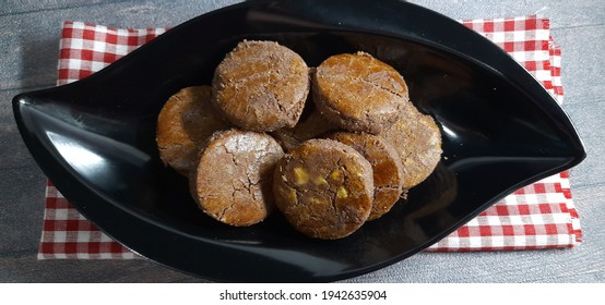 Kue Coklat Kacang Or Peanut Chocolate Cookies Choco Nut Cookies Isolated On Black Plate. Made From A Mixture Of Flour, Chocolate, Butter And Nuts Then Baked