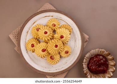 Kue Semprit or Butter Coookies, Topping  with Strawberry Jam. - Powered by Shutterstock