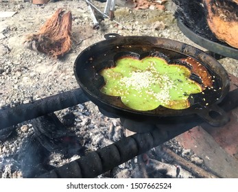 Kuih Bakar Or Baked Pandan Dessert Or Kuih Bingka, An Asia / Malay Traditional Dessert In The Making. Selective Focus.