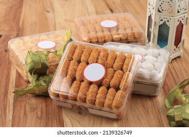 Kuih Raya Or Kue Kering Lebaran, Popular Snack For Eid Al Fitr  Or Idul Adha, On Wooden Table