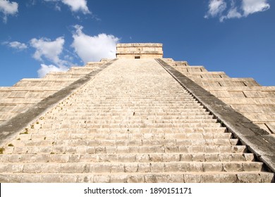 The Kukulkan Pyramid, Aka El Castillo, A View From Below The Stairs. Chichén Itzá, Yucatan, Mexico