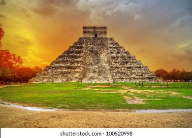 Kukulkan Pyramid In Chichen Itza At Sunset, Mexico