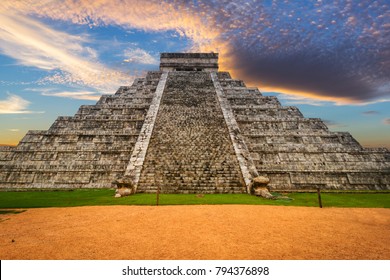 Kukulkan Pyramid In Chichen Itza At Sunset, Mexico