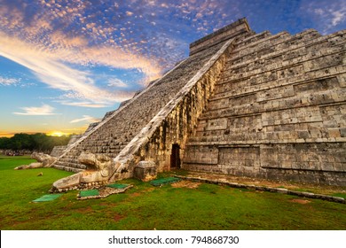 Kukulkan Pyramid In Chichen Itza At Sunset, Mexico