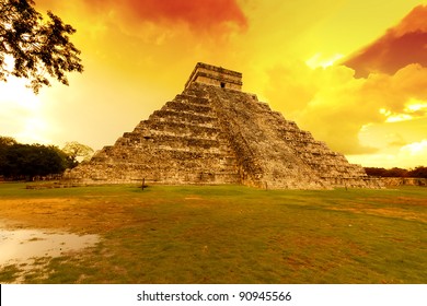 Kukulkan Pyramid In Chichen Itza At Sunset,  Mexico