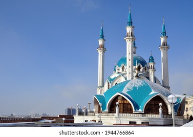 Kul Sharif Mosque in Kazan kremlin, Tatarstan. Blue clear sky at winter. View from down. High quality photo