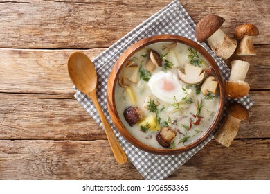 Kulajda is a Traditional Czech white soup full of flavors. This classic recipe contains mushrooms, potatoes, egg and dill close-up in a bowl on the table.
