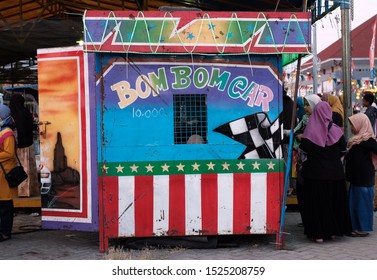 Kulon Progo,yogyakarta-october 05 2019: Bom Bom Car Ticket Window At Night Market Or Pasar Malam