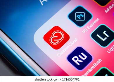 Kumamoto, Japan - Apr 17 2020:
Adobe Creative Cloud & other apps on iPhone. CreativeCloud is a set of applications / services from Adobe inc. that gives subscribers access to a collection of softwares