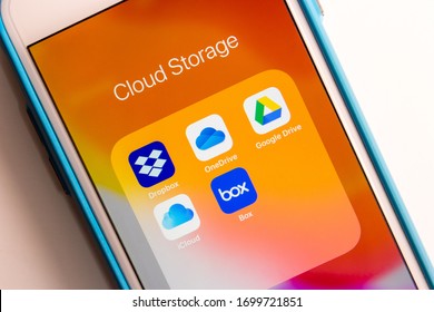 Kumamoto, Japan - Apr 5, 2020 :
Icons Of Cloud Storage Services On IPhone Screen. Dropbox, OneDrive, Google Drive, ICloud And Box Are The Top Five Online File-sharing Services.