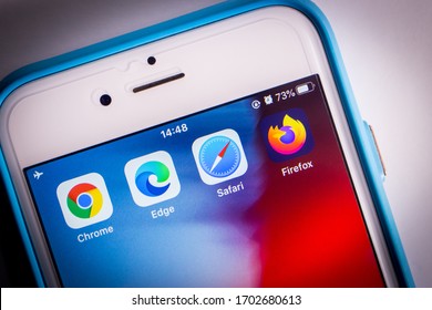 Kumamoto, Japan - Apr 5, 2020 :
Icons Of Top Four Modern Web Browsers (Google Chrome, Microsoft Edge, Safari & Firefox) On IPhone Screen.