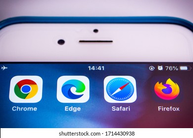 Kumamoto, Japan - Apr 5, 2020 :
Close Up Icons Of Top Four Modern Web Browsers (Google Chrome, Microsoft Edge, Safari & Firefox) On IPhone Screen.