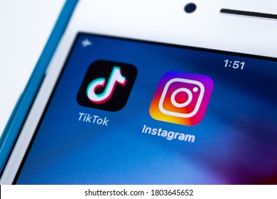 Kumamoto, Japan - Aug 11 2020 :  TikTok And Instagram Apps On IPhone On White Background. In August 2020, Instagram Has Launches New Video Feature Called Instagram Reels To Rival TikTok