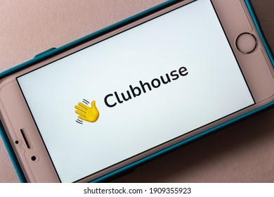 Kumamoto, JAPAN - Feb 3 2021 : The Logo Of Clubhouse App, An Invitation-only Audio Chat Social Networking App Launched In 2020 By Alpha Exploration Co., On IPhone Screen.