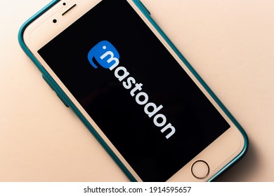 Kumamoto, JAPAN - Feb 8 2021 : The logo of Mastodon, free open-source software for running self-hosted social networking services (it has microblogging features similar to Twitter), on iPhone