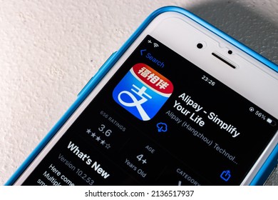 Kumamoto, JAPAN - Jan 20 2022 : Closeup logo of Alipay, a Chinese mobile and online payment platform established in Hangzhou, China by Alibaba Group, in App Store on an iPhone.