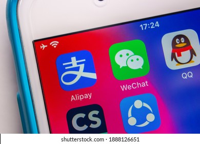 Kumamoto, JAPAN - Jan 6 2021 : Concept Image Alipay And WeChat Pay On IPhone Screen.