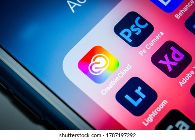 Kumamoto, Japan - Jul 29 2020 : Adobe Creative Cloud & other apps on iPhone. Creative Cloud is a set of applications / services by Adobe inc. that gives users access to Adobe softwares