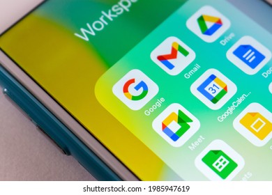 Kumamoto, JAPAN - Jun 1 2021: Closeup Google App With Google Workspace Apps (Gmail, Google Calendar, Docs Etc) On IPhone. It Is A Collection Of Cloud, Productivity And Collaboration Products By Google