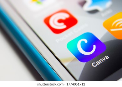 Kumamoto, Japan - Jun 26 2020 : Canva App, A Graphic Design Platform That Allows Users To Create Social Media Graphics, Presentations, Posters And Other Visual Content, On IPhone Screen.