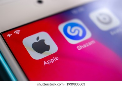 Kumamoto, JAPAN - Mar 10 2021 : Apple, Shazam and Beats by Dre icons on iPhone. Beats and Shazam are the subsidiaries of Apple Inc.
