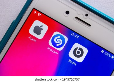 Kumamoto, JAPAN - Mar 10 2021 : Apple, Shazam and Beats by Dre icons on iPhone. Beats and Shazam are the subsidiaries of Apple Inc.