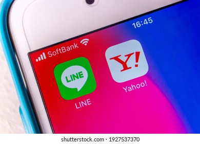 Kumamoto, JAPAN - Mar 2 2021 : Closeup LINE and Yahoo! Japan on iPhone. Yahoo Japan and popular message app provider Line Corp announced that they have officially merged on March 1, 2021.