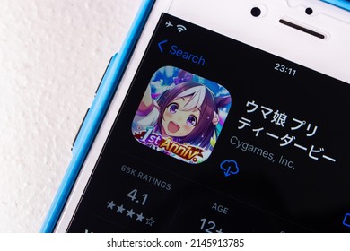 Kumamoto, JAPAN - Mar 23 2022 : Uma Musume Pretty Derby app (Translation : Horse Girl Pretty Derby) in the App Store on the iPhone. Uma Musume is a multimedia franchise by Cygames.