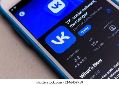Kumamoto, JAPAN - Mar 23 2022 : The closeup logo of VK app (VKontakte), a Russian online social media and social networking service based in Saint Petersburg, in App Store on an iPhone.