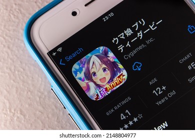 Kumamoto, JAPAN - Mar 23 2022 : Uma Musume Pretty Derby app (Translation : Horse Girl Pretty Derby) in the App Store on the iPhone. Uma Musume is a multimedia franchise by Cygames.